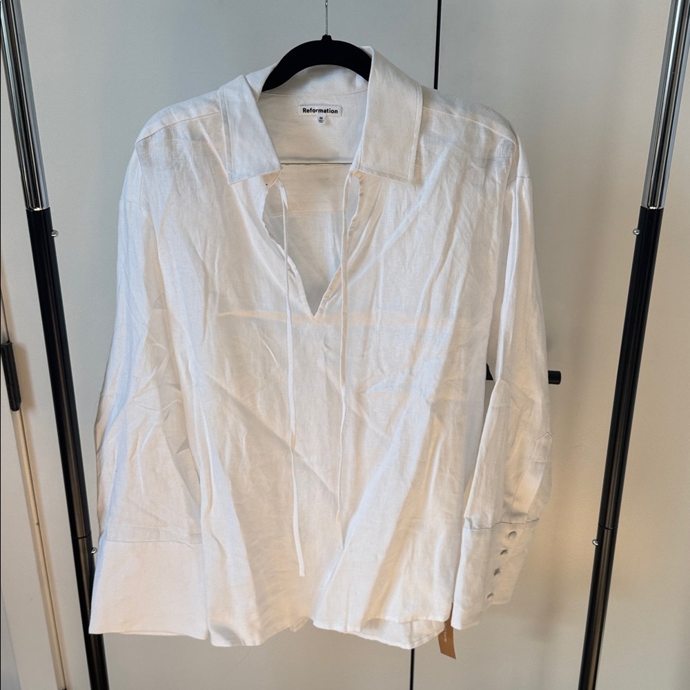 Reformation White Linen Tie-Neck Blouse